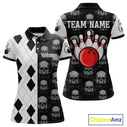 Black & White Bowling Shirt Custom Skull Polo Bowling Jersey Gift for Bowlers QZT693