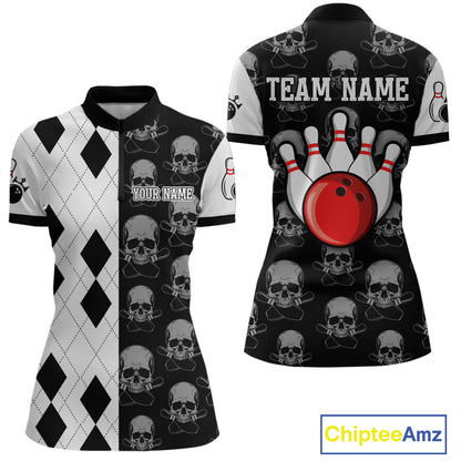 Black & White Bowling Shirt Custom Skull Quarter-Zip Bowling Jersey Gift for Bowlers QZT693
