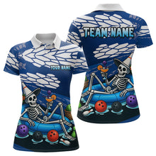 Load image into Gallery viewer, Custom Blue Funny Skull Bowling Shirt Polo &amp; Quarter-Zip Bowling League Jersey for Women QZT755