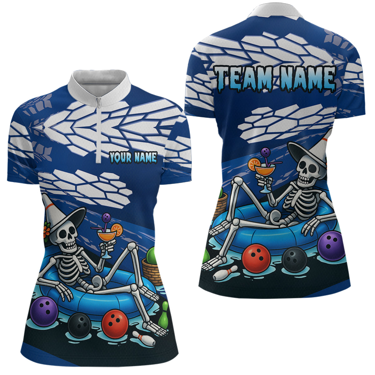 Custom Blue Funny Skull Bowling Shirt Polo & Quarter-Zip Bowling League Jersey for Women QZT755