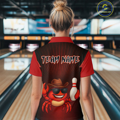 Custom Red Funny Crab Bowling Team Shirt Women Bowling Jersey Outfit Polo & 1/4-Zip Bowler Gift QZT757