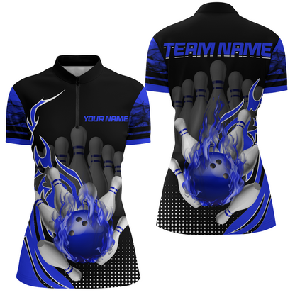 Personalized Flame Bowling Shirts Women Bowling Team League 1/4 Zip Bowling QZT410