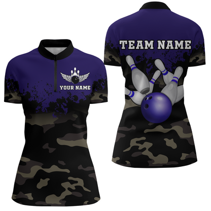 Personalized 3D Quarter Zip Bowling Team Shirts Women Camouflage Bowling Jersey QZT503