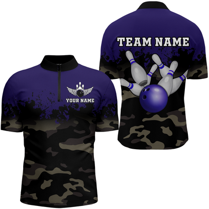 Personalized 3D Quarter Zip Bowling Team Shirts Men Camouflage Bowling Jersey QZT503