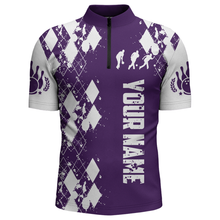 Load image into Gallery viewer, Purple White Bowling Shirt Unisex Custom Bowling Jersey Quarter-Zip Bowling Shirt for Men QZT264
