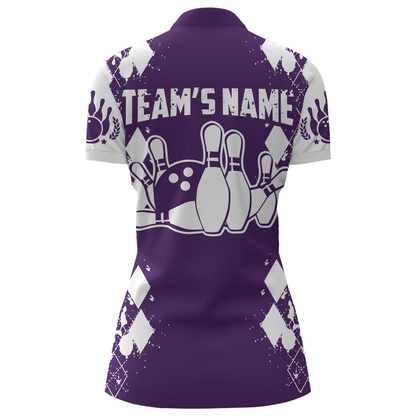Purple White Bowling Shirt Unisex Custom Bowling Jersey Quarter-Zip Bowling Shirt for Women QZT264