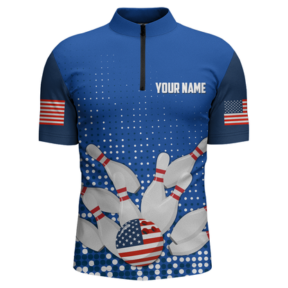 Navy Bowling Shirt Customized Quarter-Zip Shirt for Men Bowling Team with Name QZT271