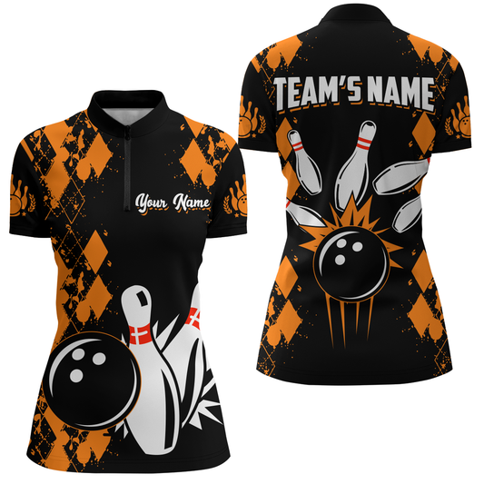 Orange Bowling Shirt Personalized 1/4 Zip Shirt Bowling Team League for Women QZT430