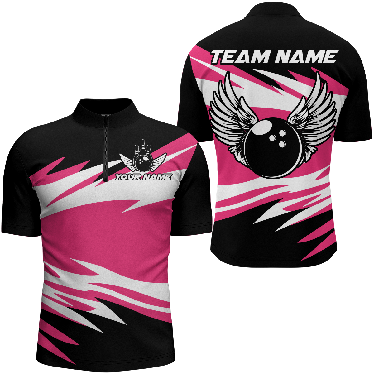 Camo Angel Wings Quarter Zip Bowling Shirts for Men Bowling Team Jersey Multicolor QZT470