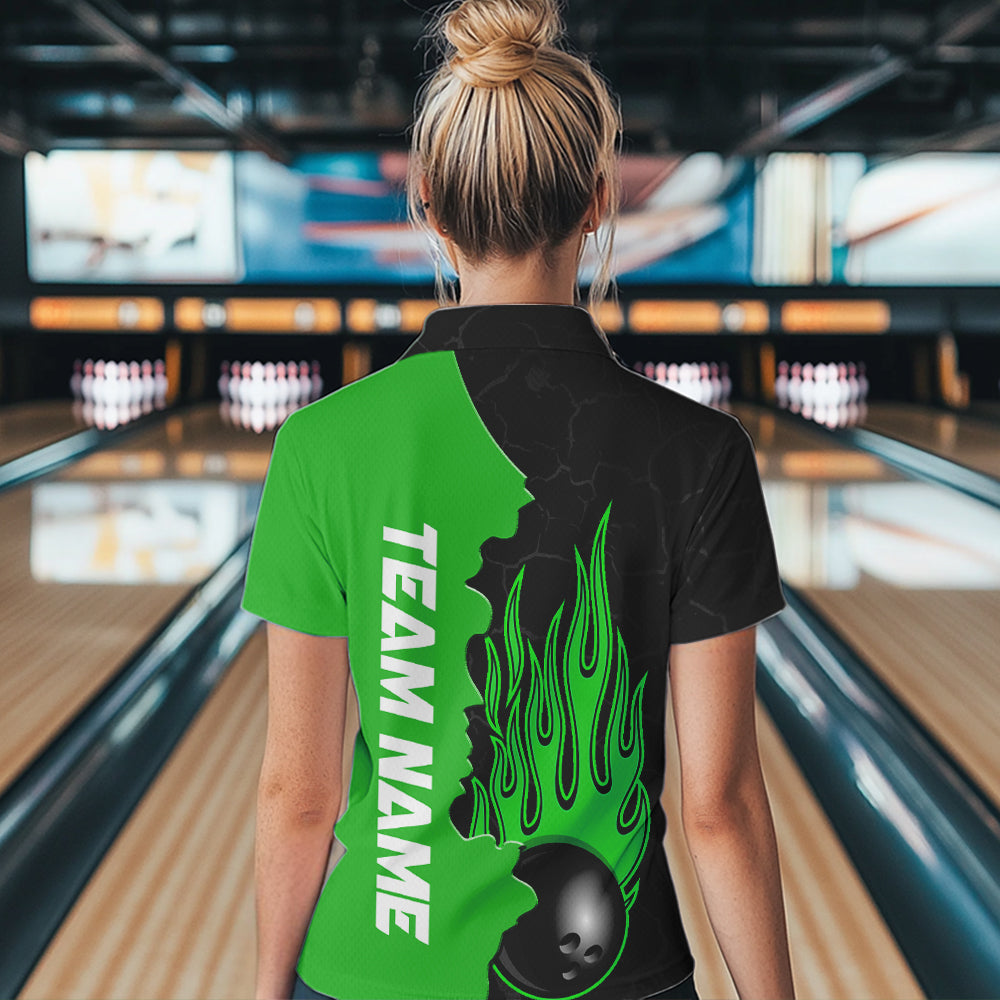 Green Flame Bowling Quarter Zip Shirts Men & Women Custom Bowling Team League Jerseys BDT471