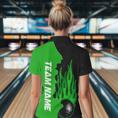 Green Flame Bowling Quarter Zip Shirts Men & Women Custom Bowling Team League Jerseys BDT471
