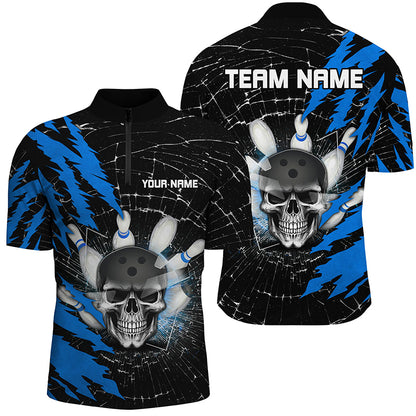 Skull Bowling Quarter-Zip Shirt For Men & Women Custom Halloween Bowling Team Jersey Blue BDT538