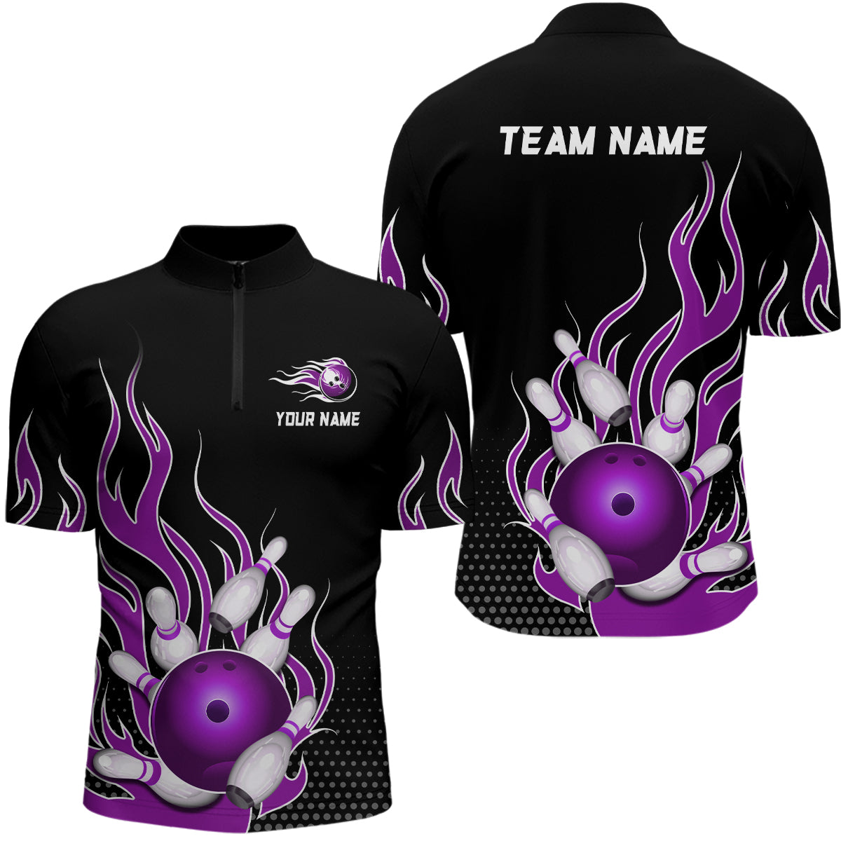 Purple Flame 1/4 Zip Bowling Shirts for Men And Women Custom Bowling Team Jerseys Unisex BDT477