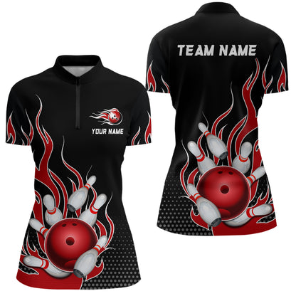 Red Flame Bowling Quarter Zip Shirts for Men And Women Custom Bowling Team Jerseys Unisex BDT477