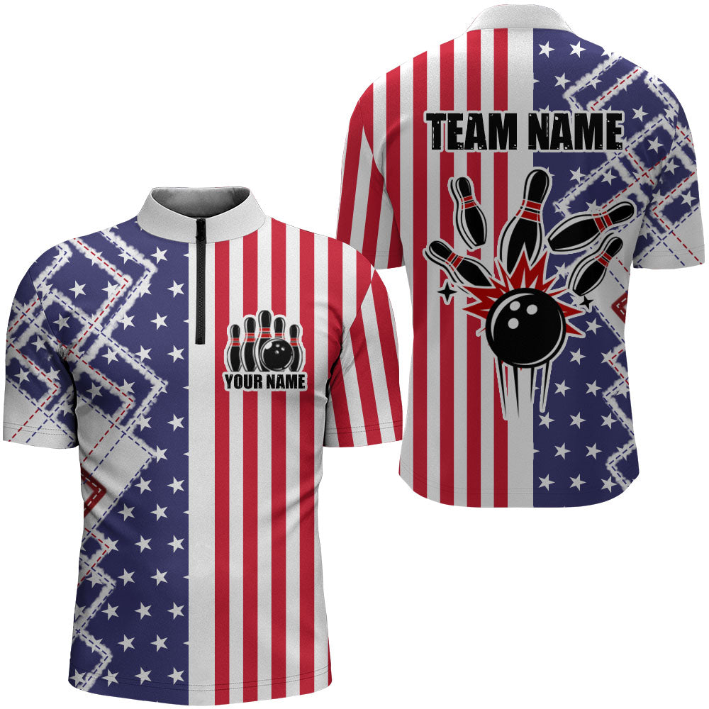 USA Bowling Quarter-Zip Shirt For Men Custom Patriotic Bowling Jersey Bowling Shirt For Team BDT274