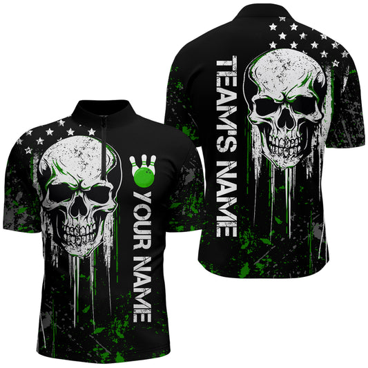 Green Skull Bowling Shirts Men & Women Custom Halloween Bowling Jersey Team 1/4 Zip BDT554