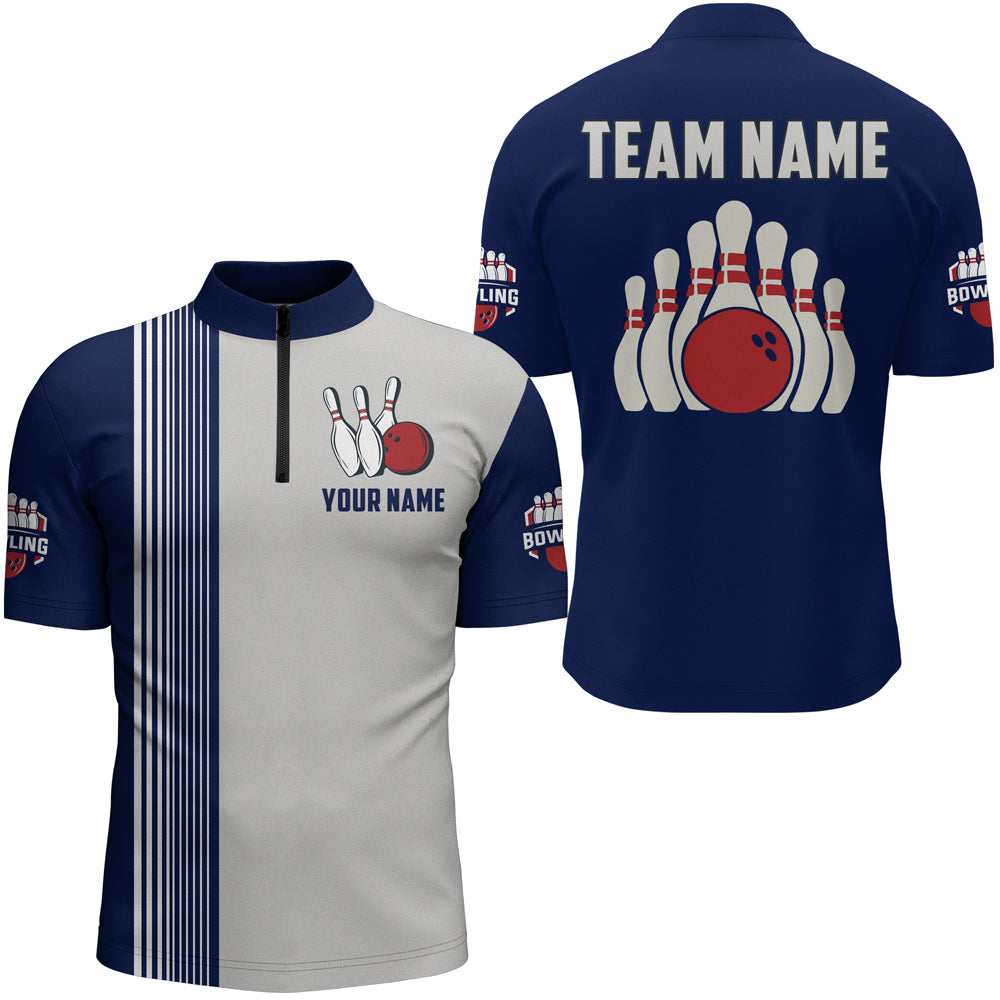 Navy&Grey Bowling Shirt for Men & Women Custom Bowling Team Jersey 1/4 Zip Bowling Shirt Uniform BDT559