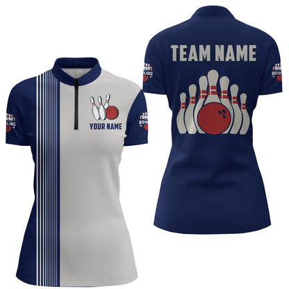 Navy&Grey Bowling Shirt for Men & Women Custom Bowling Team Jersey 1/4 Zip Bowling Shirt Uniform BDT559