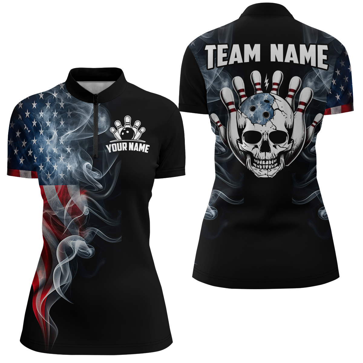 Custom Skull Bowling 1/4 Zip Shirts For Men Women American Flag Bowling Jersey Team BDT507
