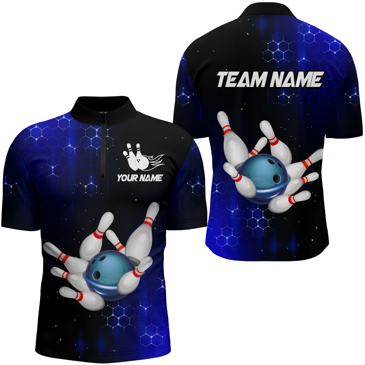 Personalized Blue Bowling Shirts Men Women Bowling Team Jersey Bowling 1/4 Zip Shirt BDT488