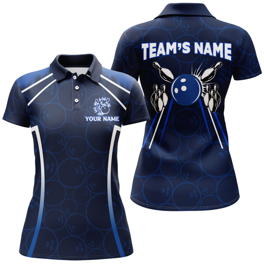 Custom Bowling Polo Shirt For Women Navy Bowling Team Jersey Couple Bowling Shirt BDT342