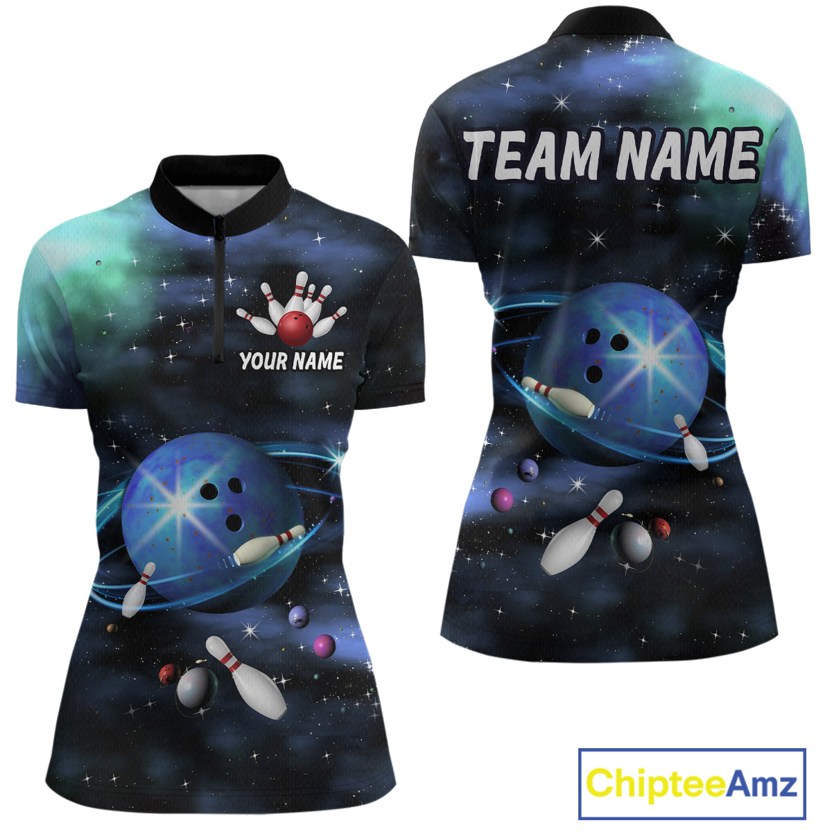 Blue Galaxy Bowling Shirts for Men Women Custom Team Bowling Polo and Quarter Zip MBL123