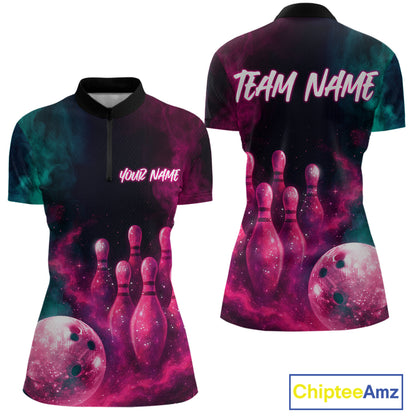Green and Pink Smoke Bowling Shirts for Women Men Team Bowling Polo & Quarter Zip MBL129