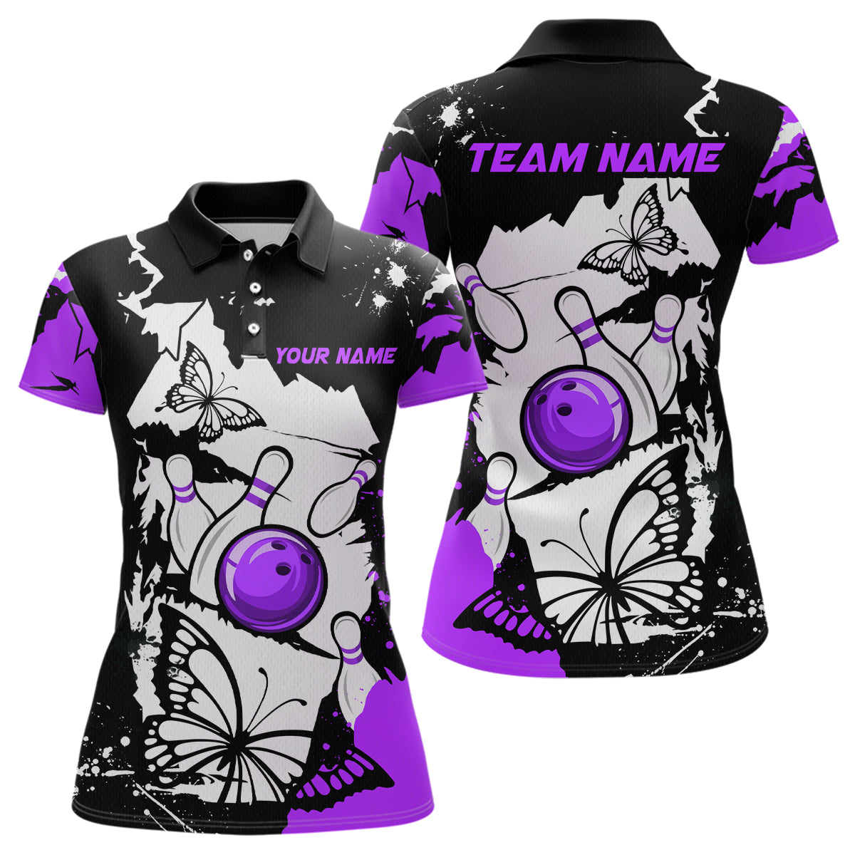 Custom Purple Butterflies Bowling Shirt for Men Women Team Bowling Polo&Quater Zip MBL76
