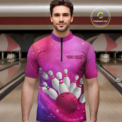 Custom Pink Galaxy Bowling Shirts for Men Women Team Bowling Polo and Quarter Zip MBL122