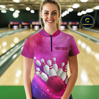 Custom Pink Galaxy Bowling Shirts for Men Women Team Bowling Polo and Quarter Zip MBL122