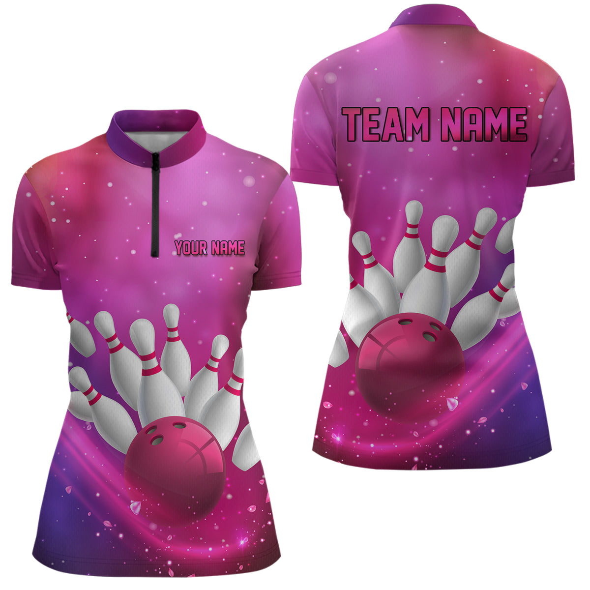 Custom Pink Galaxy Bowling Shirts for Men Women Team Bowling Polo and Quarter Zip MBL122