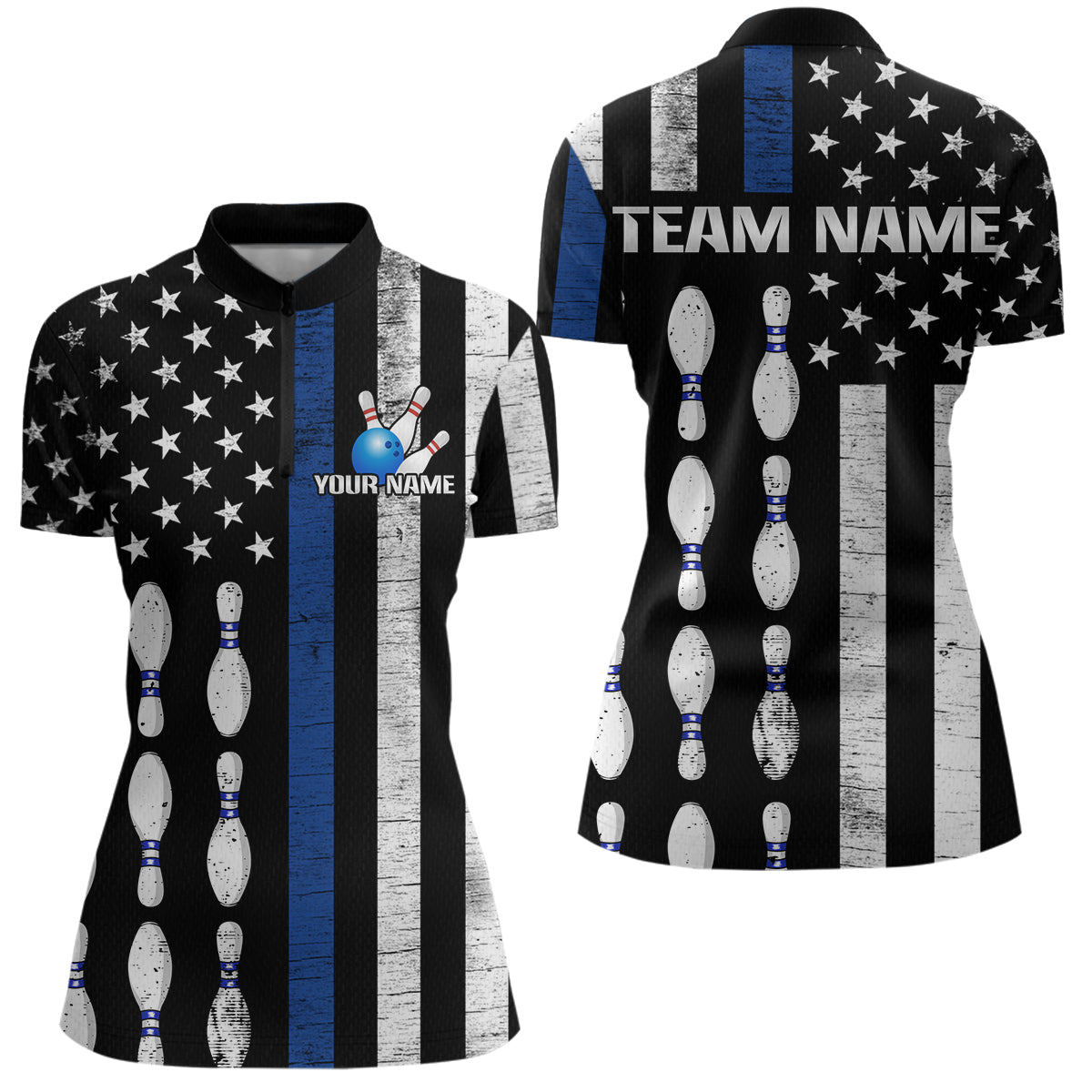 Custom Blue Bowling Shirts for Men Women Team Patriotic Bowling Polo & 1/4 Zip Shirt MBL39