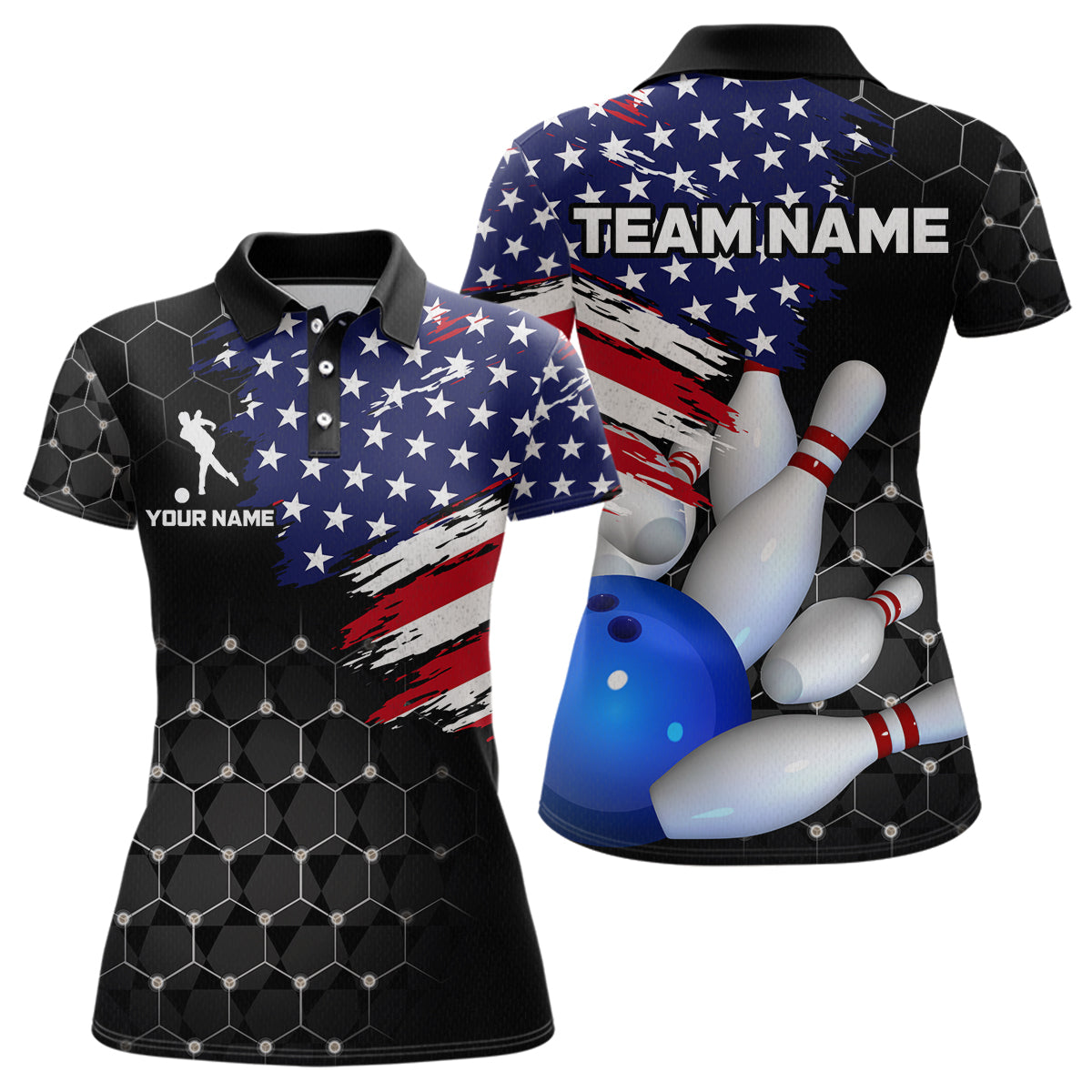 American Flag Bowling Shirts for Men Women Patriotic Bowling Jersey Polo&1/4 Zip Shirt MBL09