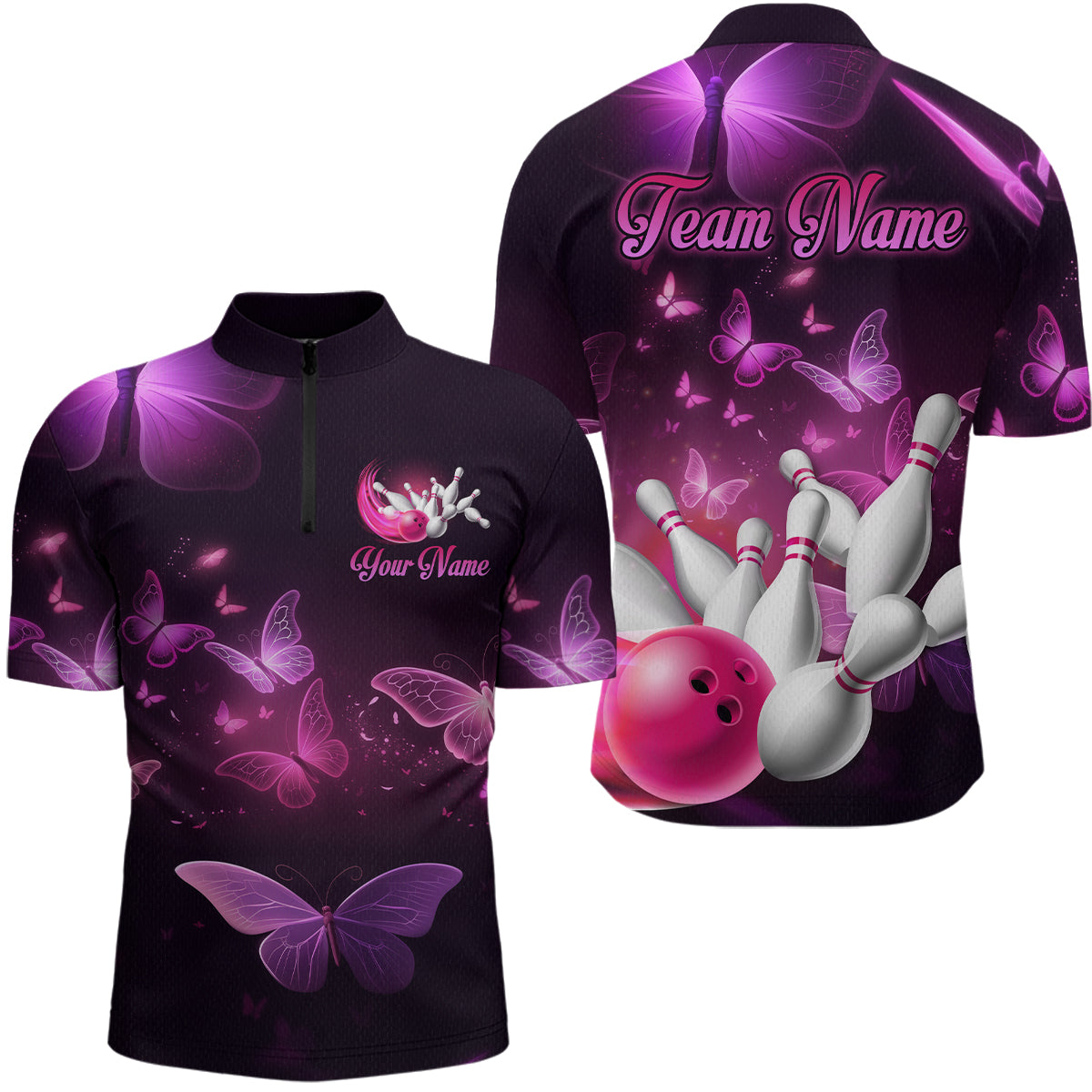 Purple Butterflies Bowling Shirts Men Women Team Bowling Jerseys Polo and Zip Shirt MBL166