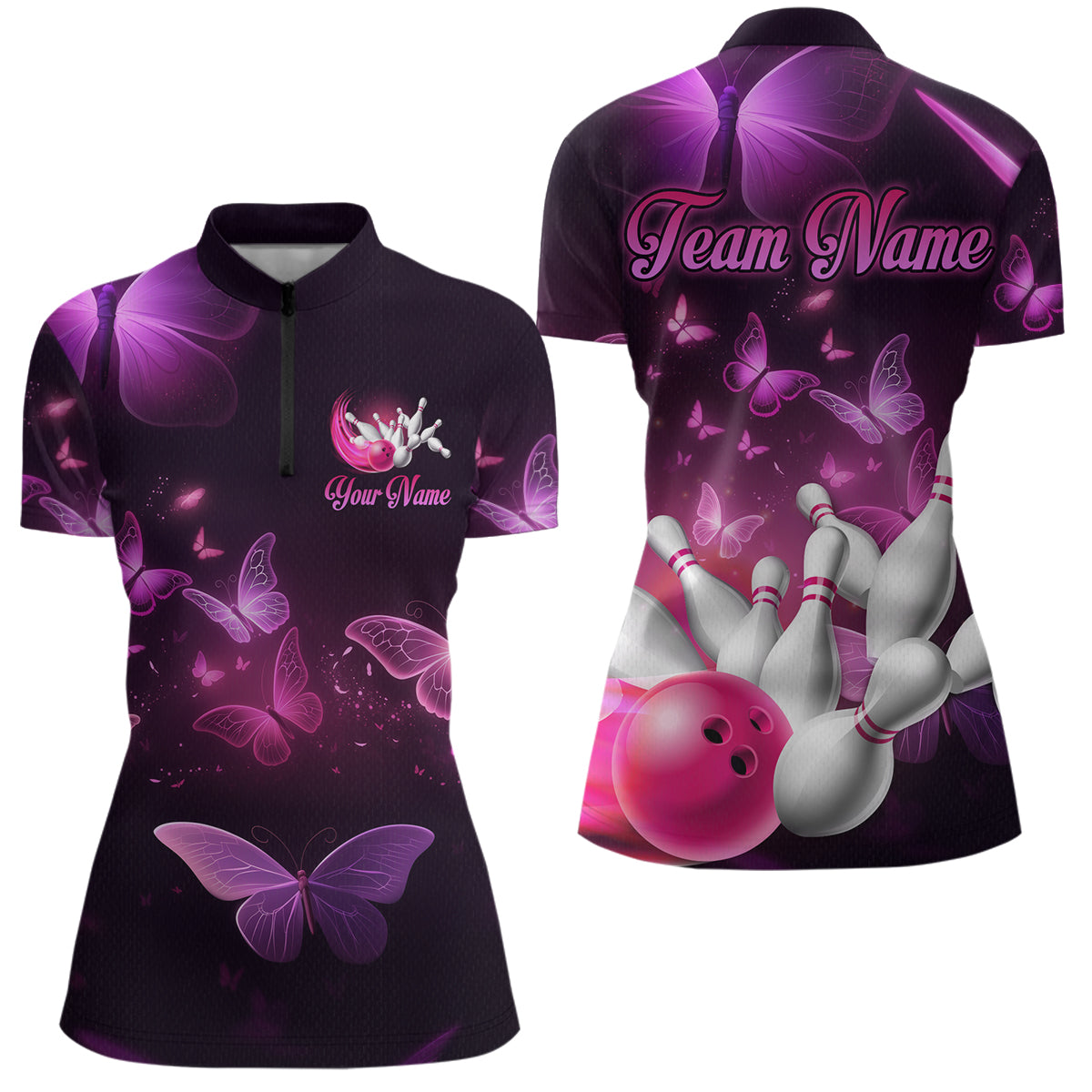 Purple Butterflies Bowling Shirts Men Women Team Bowling Jerseys Polo and Zip Shirt MBL166