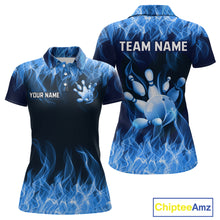 Load image into Gallery viewer, Custom Blue Flame Bowling Jersey for Women Bowling Uniform Polo &amp; 1/4 Zip Bowling Team Shirts HNT106