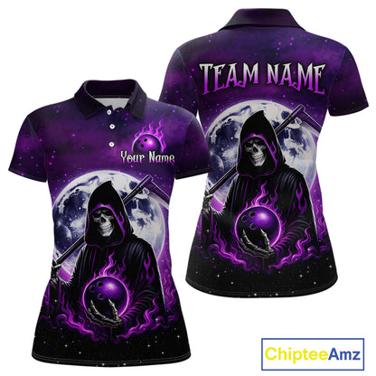 Custom Purple Skeleton Bowling Jersey for Women Bowling Uniform Polo & 1/4 Zip Bowling Team Shirts HNT109