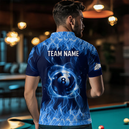 Blue Flaming 8 Ball Pool Shirts Men Billiard Polo & 1/4 Zip Shirts Billiard Team Jerseys NNT10