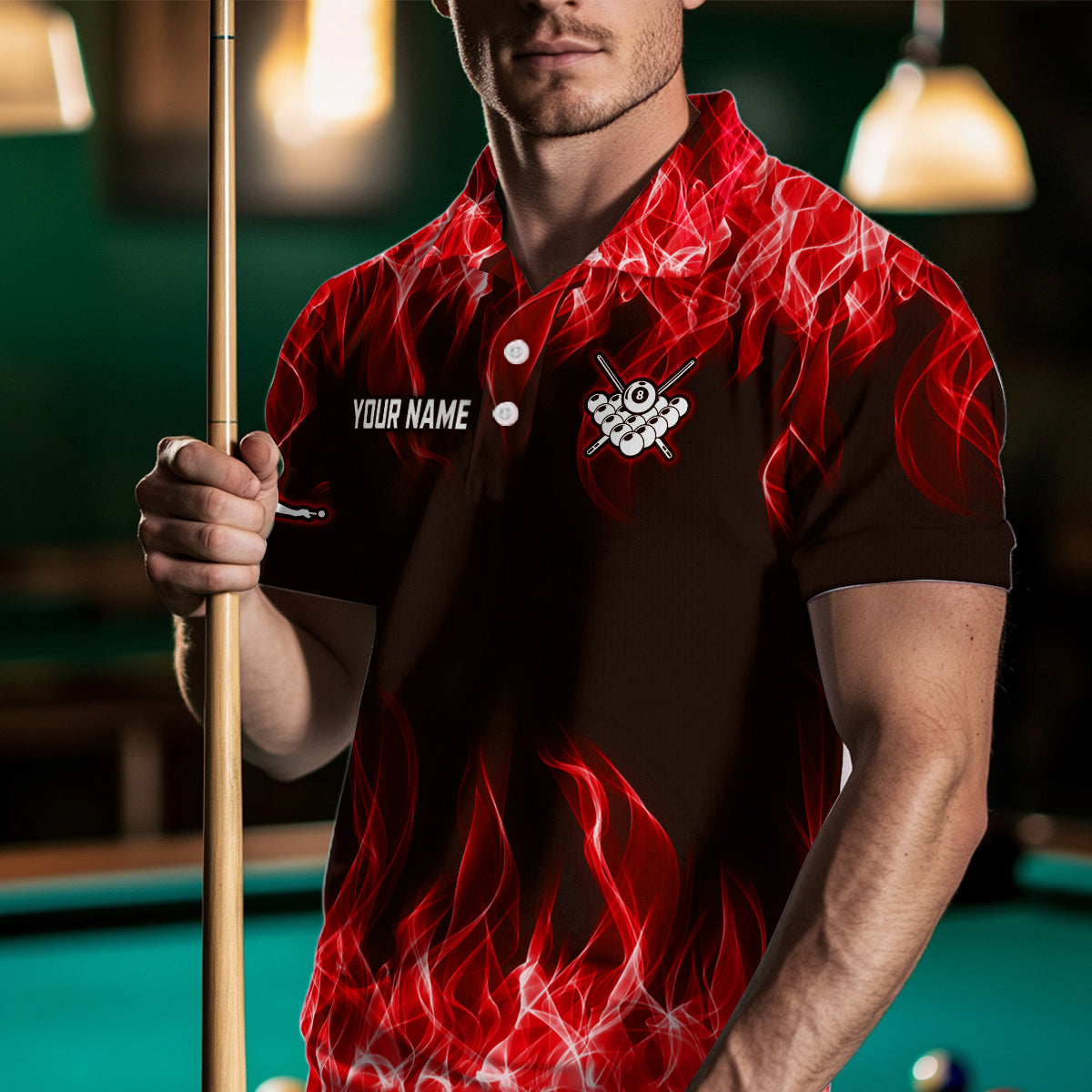 Red Flaming 8 Ball Pool Shirts Men Billiard Polo & 1/4 Zip Shirts Billiard Team Jerseys NNT10