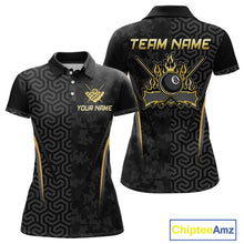 Load image into Gallery viewer, Custom Black Gold 8 Ball Flame Billiard Shirts for Women, Billiard Team Polo &amp; 1/4 Zip Shirts NNT61