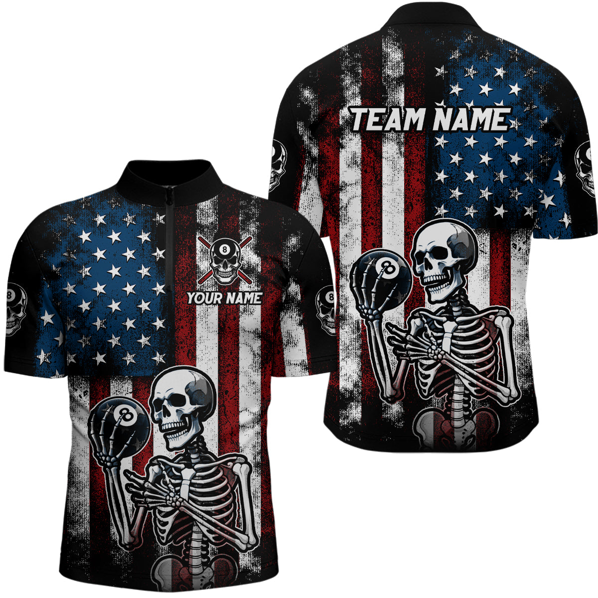 Custom US Skull 8 Ball Billiard Shirts for Men Billiard Team Shirts Billiard League Polo & 1/4 Zipper NNT86
