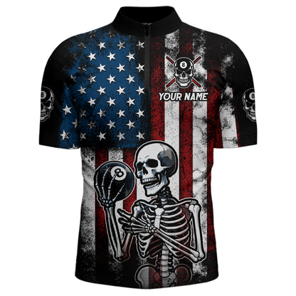 Custom US Skull 8 Ball Billiard Shirts for Men Billiard Team Shirts Billiard League Polo & 1/4 Zipper NNT86