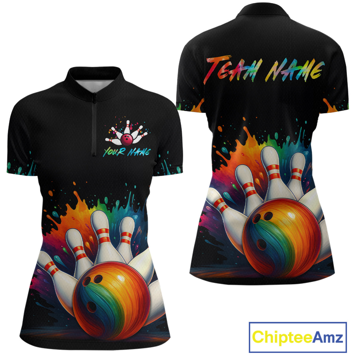 Custom Funny Colorful Bowling Jersey for Women Bowling Uniform Polo & 1/4 Zip Bowling Team Shirts HNT116