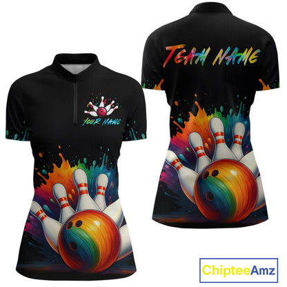 Custom Funny Colorful Bowling Jersey for Women Bowling Uniform Polo & 1/4 Zip Bowling Team Shirts HNT116