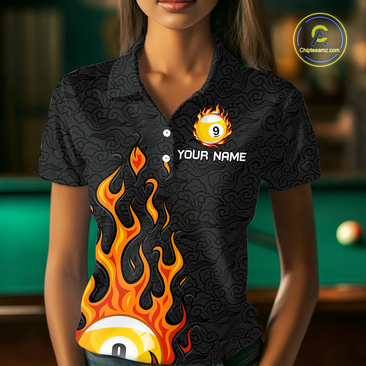 Custom 9 Ball Flaming Billiard Shirts for Women Billiard Team Shirts Billiard League NNT71