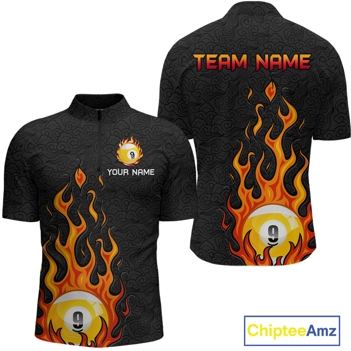 Custom 9 Ball Flaming Billiard Shirts for Men Billiard Team Shirts Billiard League NNT71