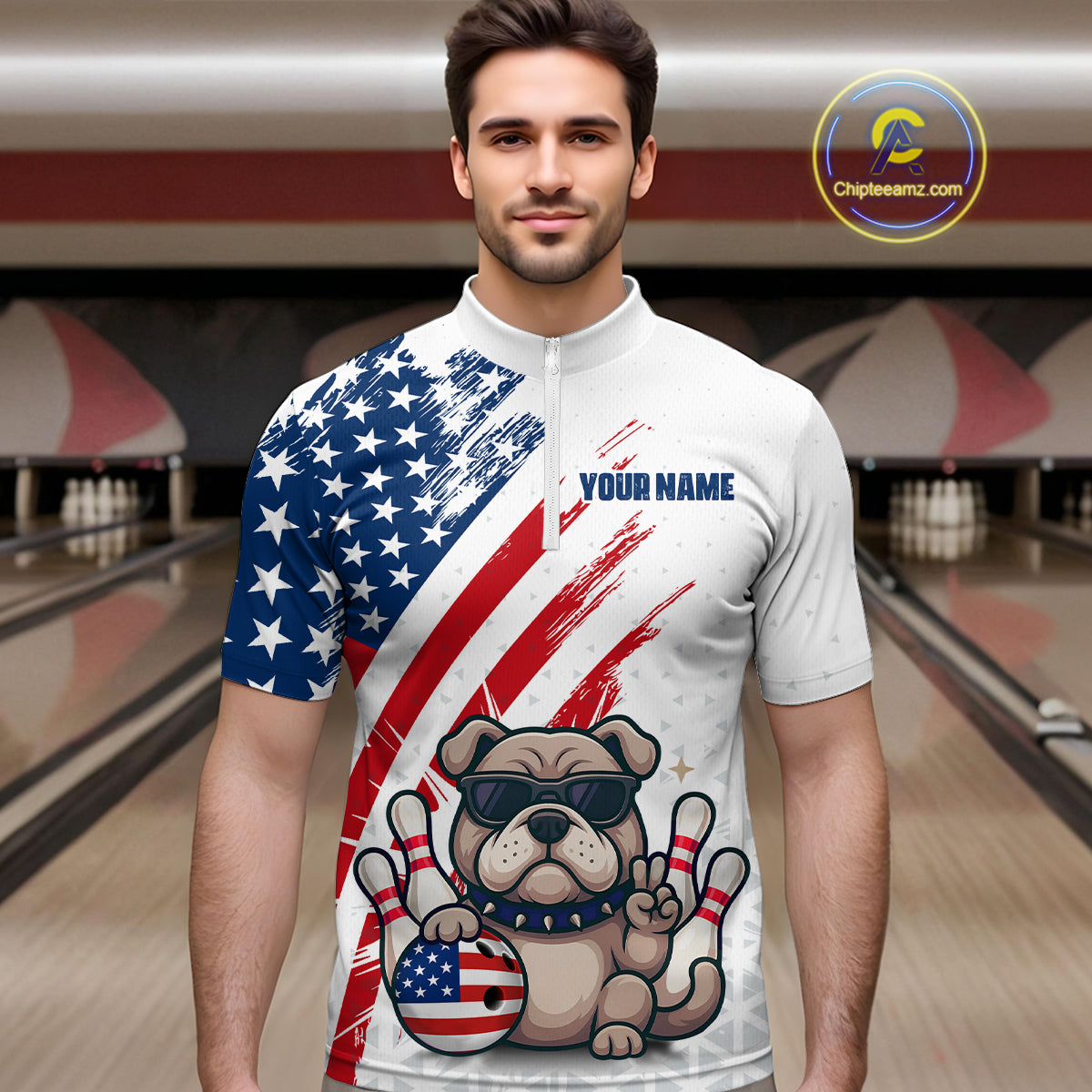 Funny US Flag French Bulldog Bowling Men Polo & 1/4 Zip Shirts Bowling Team Jersey HNT88