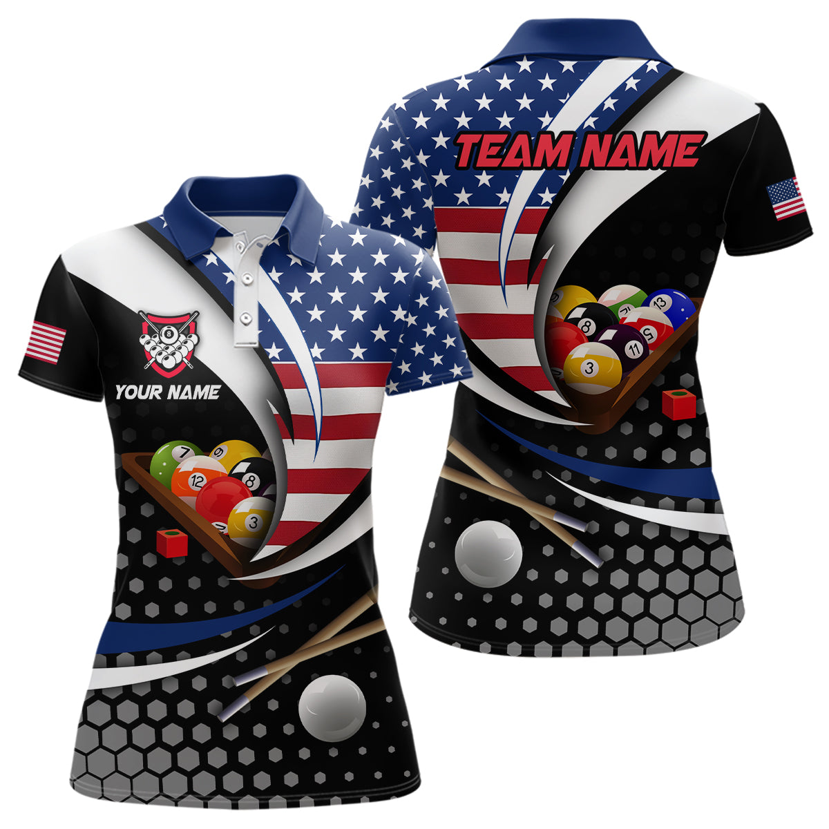 Custom US Flag 8 Ball Billiard Shirts for Women Billiard Team Shirts Billiard League Polo & 1/4 Zipper NNT83