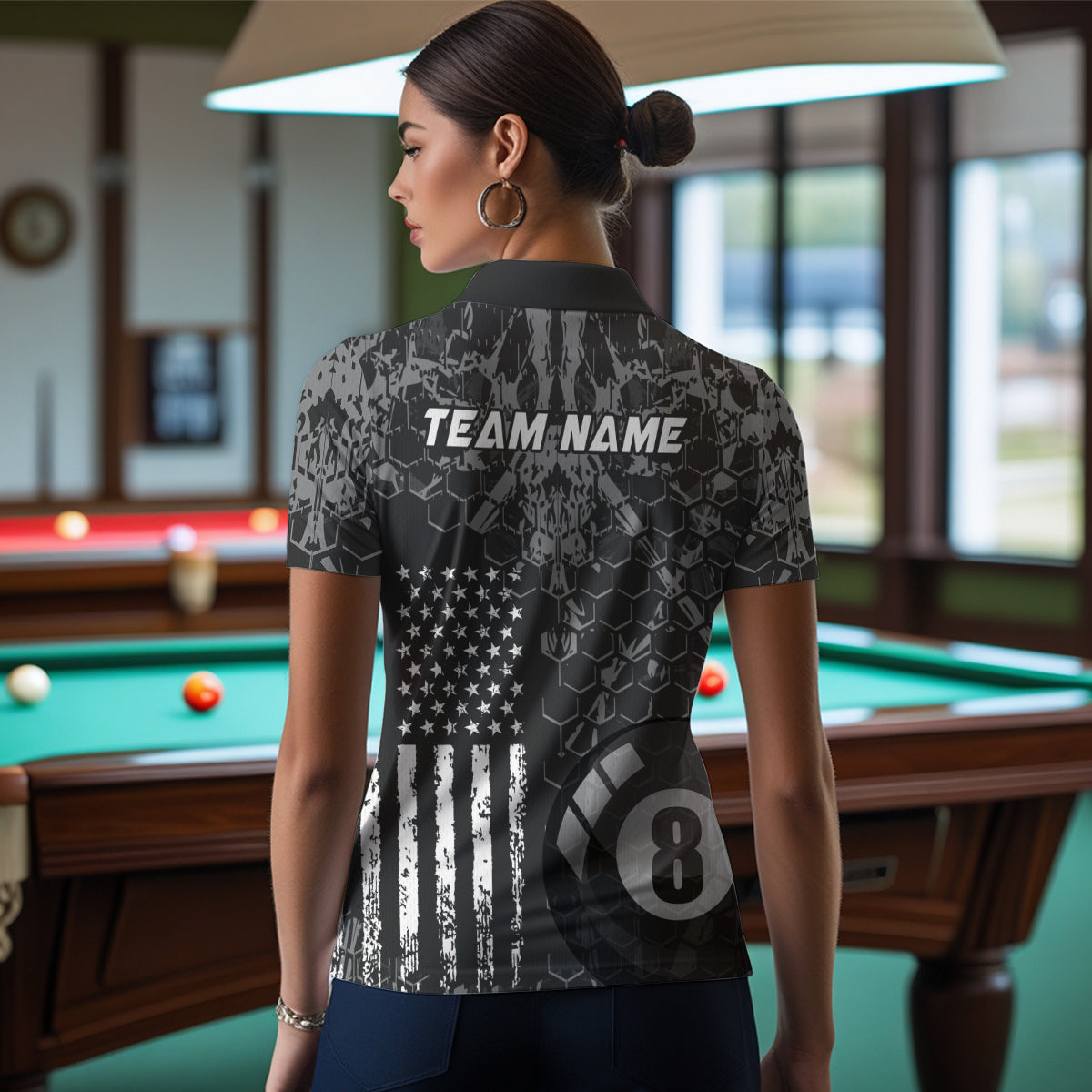 US Flag Eagle Billiard Jerseys 8 Ball Pool Billiard for Women Billiard Shirts Polo & 1/4 Zip NNT04