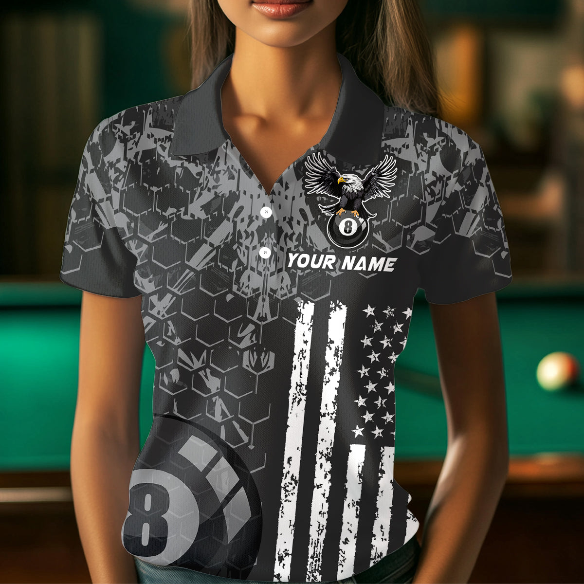 US Flag Eagle Billiard Jerseys 8 Ball Pool Billiard for Women Billiard Shirts Polo & 1/4 Zip NNT04